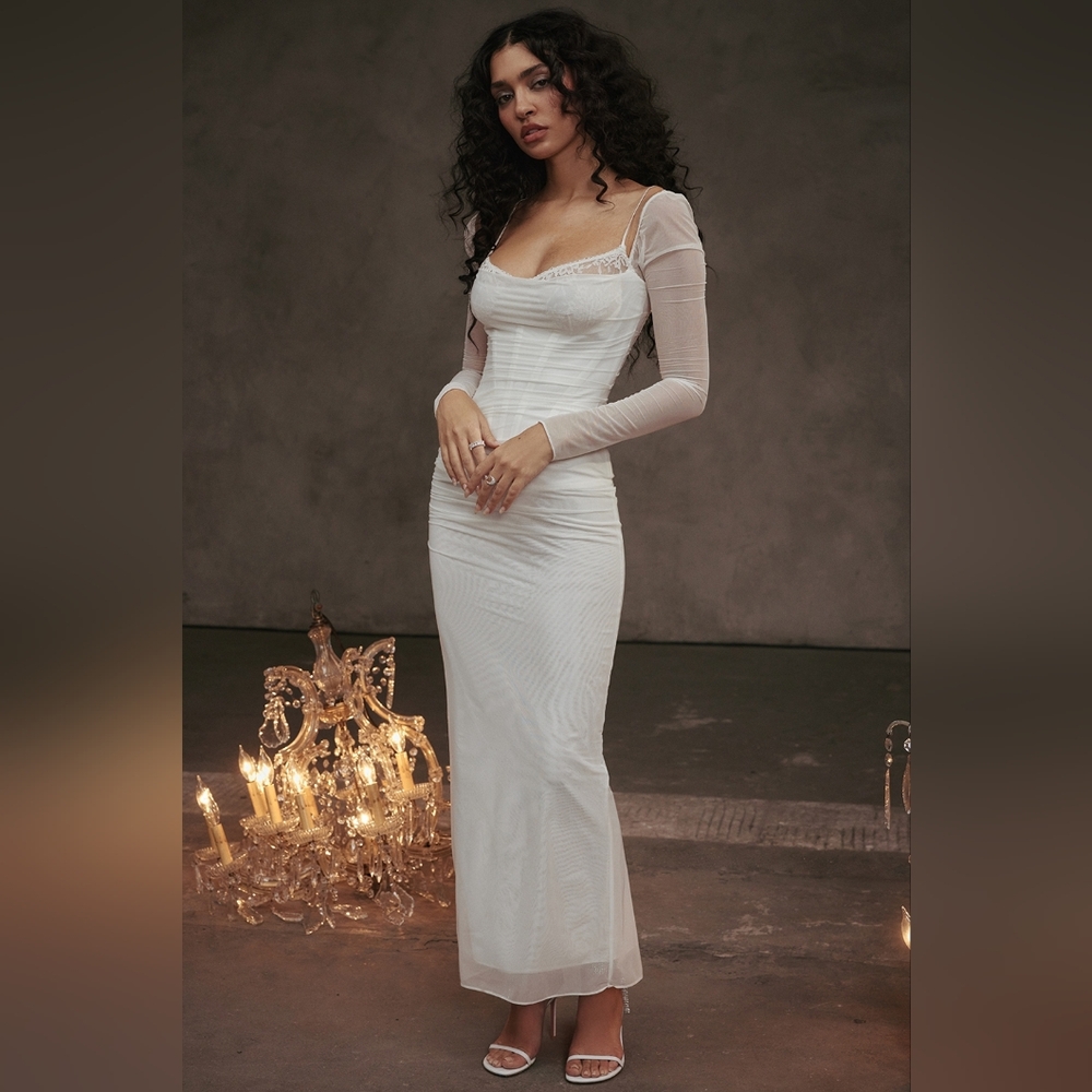 House of CB White Sheer-Sleeve Column Gown